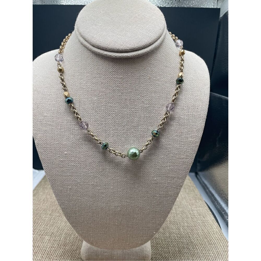 Lia Sophia Beaded Chain Necklace. Green tones and goldtone chain